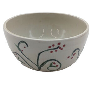 Hand-Painted Ceramic Bowl Red Green Vines Design – Rustic Pottery Decor 5.5"